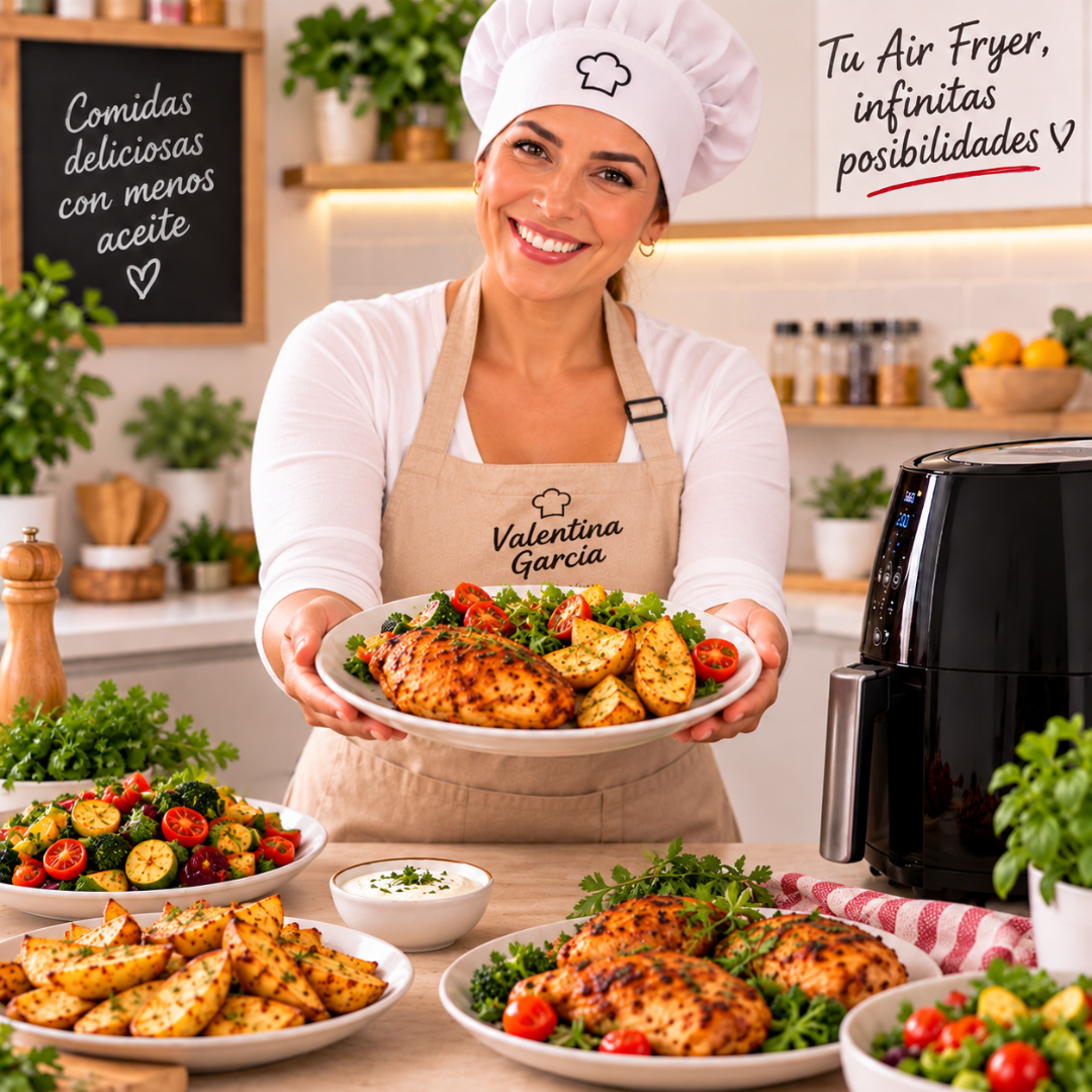 Valentina García con su Air Fryer y una variedad de platos